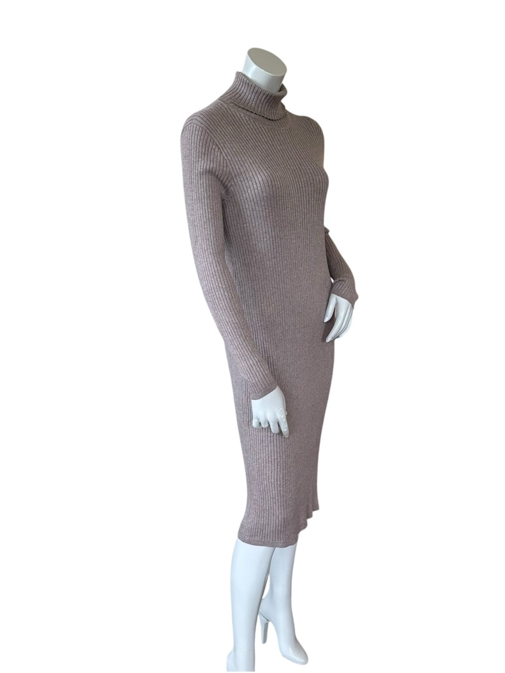 Peruvian Connection Taupe Brown Ribbed Pima Cotton Turtleneck Midi Dress Medium - Picture 3 of 6